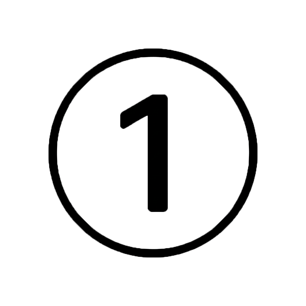 Black and white graphic of a circular icon with the number one in the center.