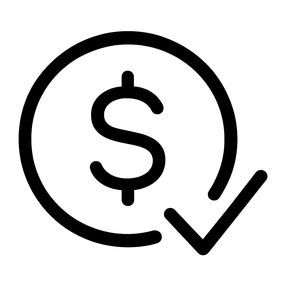 Line drawing of a dollar sign inside a circle with an arrow forming a check mark around it, representing financial approval or successful transaction.