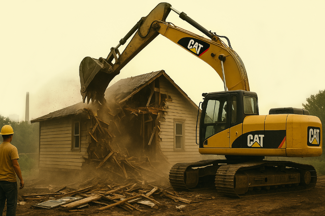 A yellow CAT excavator demolishes a wooden house, with debris falling as the structure is torn down, while a construction worker observes nearby.