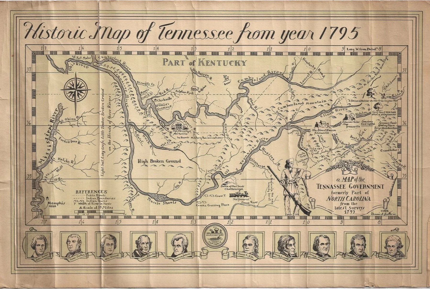 Historical map of Tennessee from 1795, showing geographic features, landmarks, and borders, with portraits of key figures along the bottom.