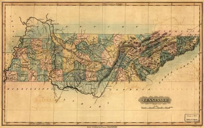 Historical map of Tennessee showing counties, rivers, and topography.