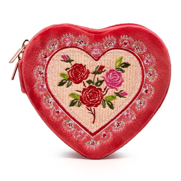 Velvet Jewelry Zip Case / Organizer - Heart w/ Roses - Red