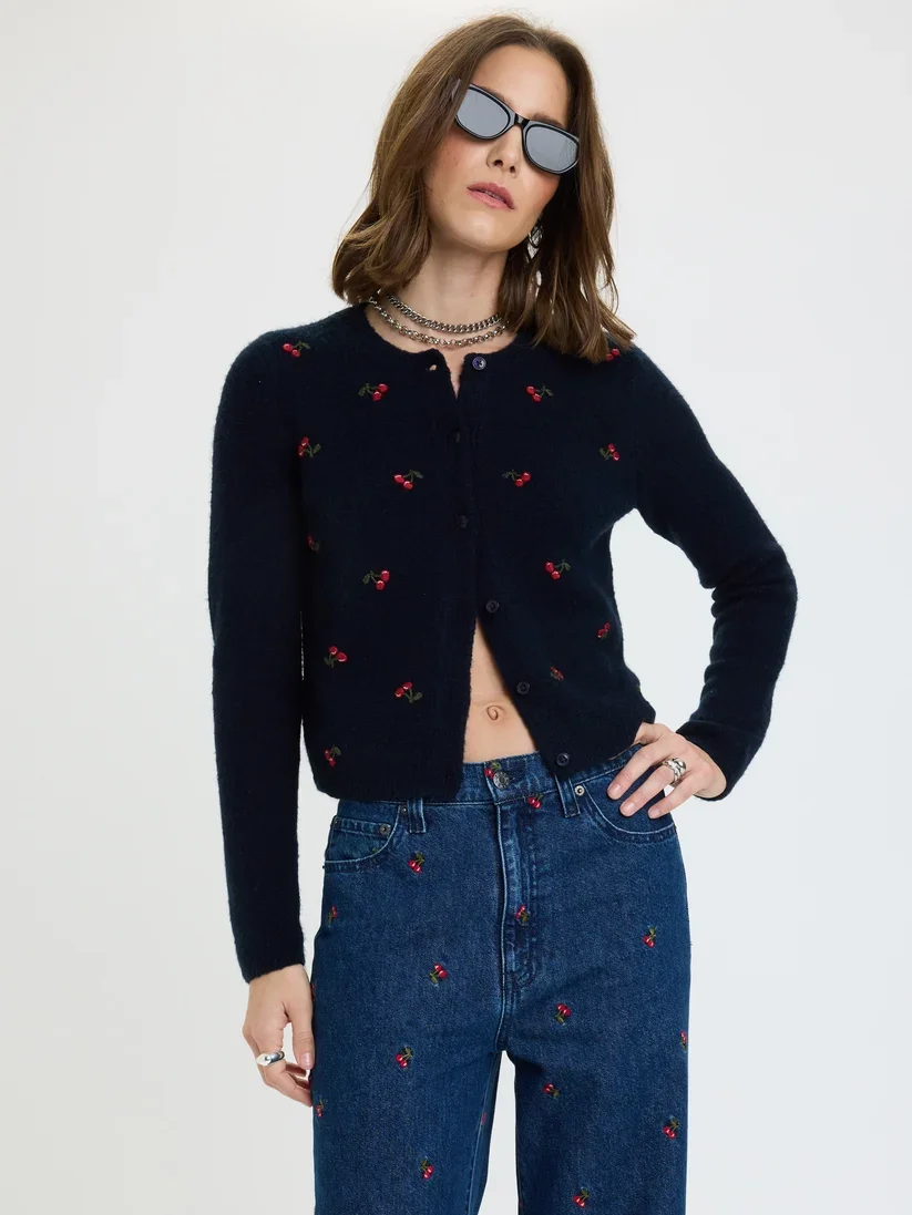 Muse Embroidered Fitted Cardigan in Cherry