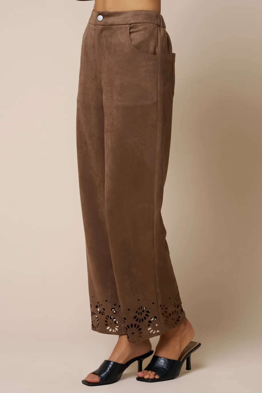 Floral Laser Cut Trim Suede Wide Leg Pants