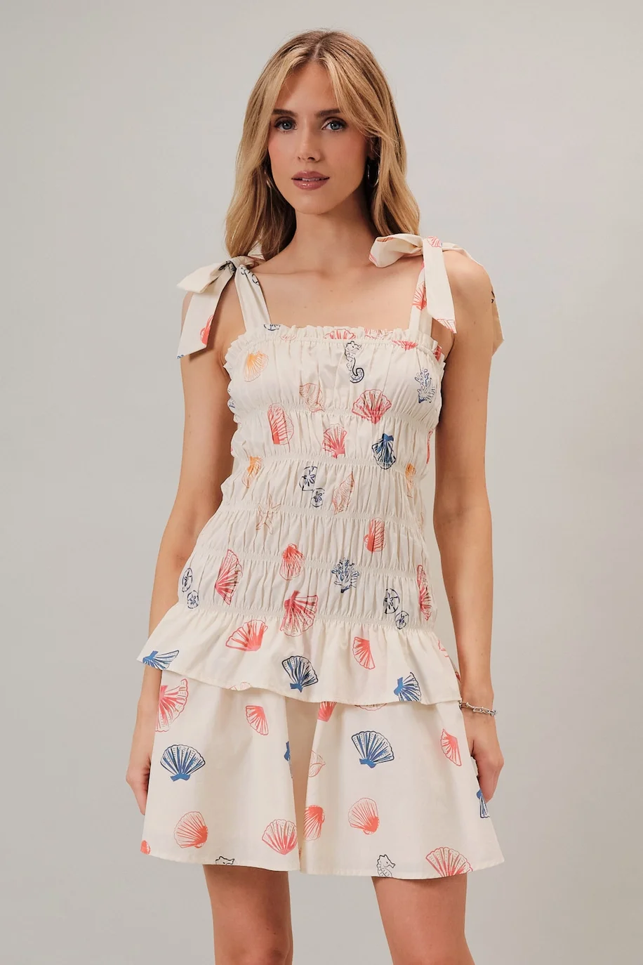 Self Shoulder Tie Seashell Print Smocked Dress