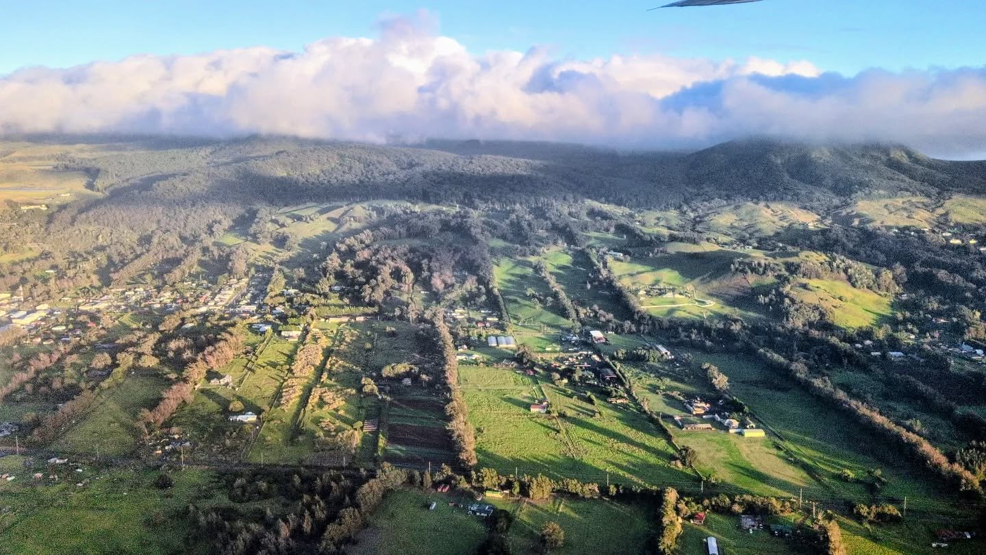 The rolling fog shrouded hills of #waimea on the #bigisland , home to America s prized cattle, on the slopes of #maunakea (behind the clouds) and #kohalavolcano #aerialphotography