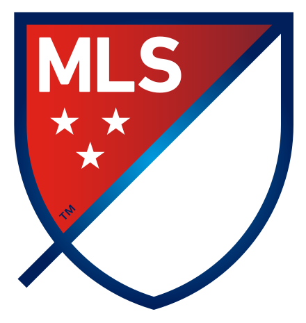MLS logo featuring a shield with red and white top left section with three stars and white text, and a white bottom right section.