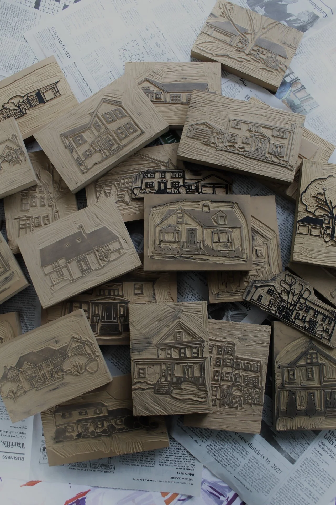 A pile of carved wood blocks featuring detailed line drawings of various houses, lying on a surface covered with scattered newspapers.