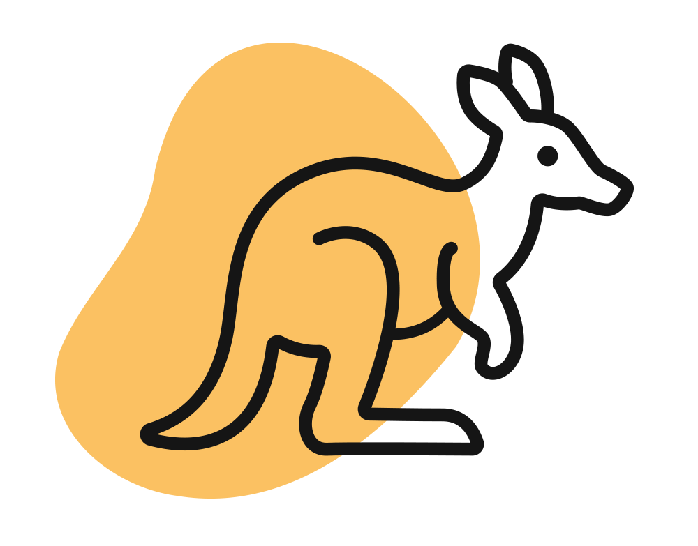Stylized illustration of a kangaroo with a large, orange tail, black outline, and simple shapes.