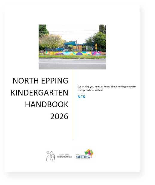 Cover page of a kindergarten handbook with the title 'North Epping Kindergarten Handbook 2026'. Includes a colorful playground photo at the top and logos of North Epping Kindergarten and a meeting organization at the bottom.