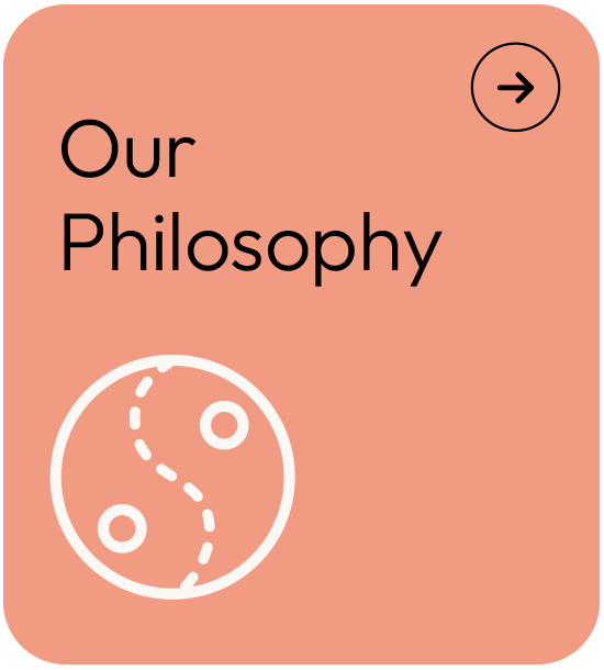 A pink square card with rounded edges that says 'Our Philosophy' at the top, with a right arrow icon in the upper right corner, and a simple white graphic of a circular path with two smaller circles inside it at the bottom.