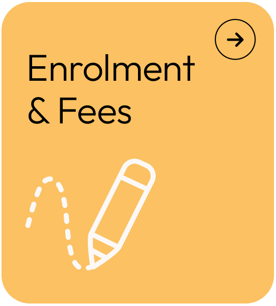 Graphic with the text 'Enrolment & Fees' and a pencil illustration, on a light orange background, with a small arrow icon in the top right corner.