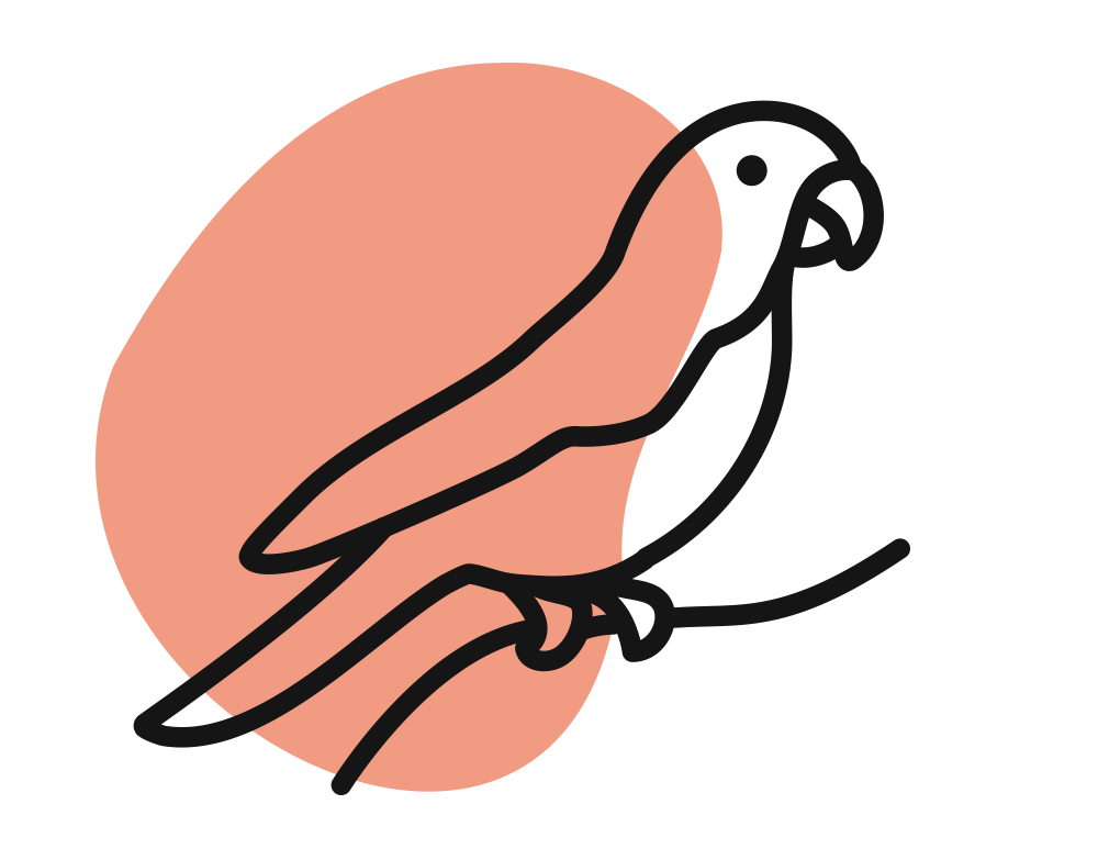 Line drawing of a bird perched on a branch with a large peach-colored circle behind it.