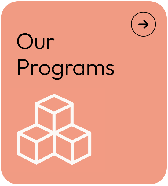 A pink mobile app screen with the text "Our Programs," a white icon of three stacked cubes, and a black arrow inside a circle at the top right corner.