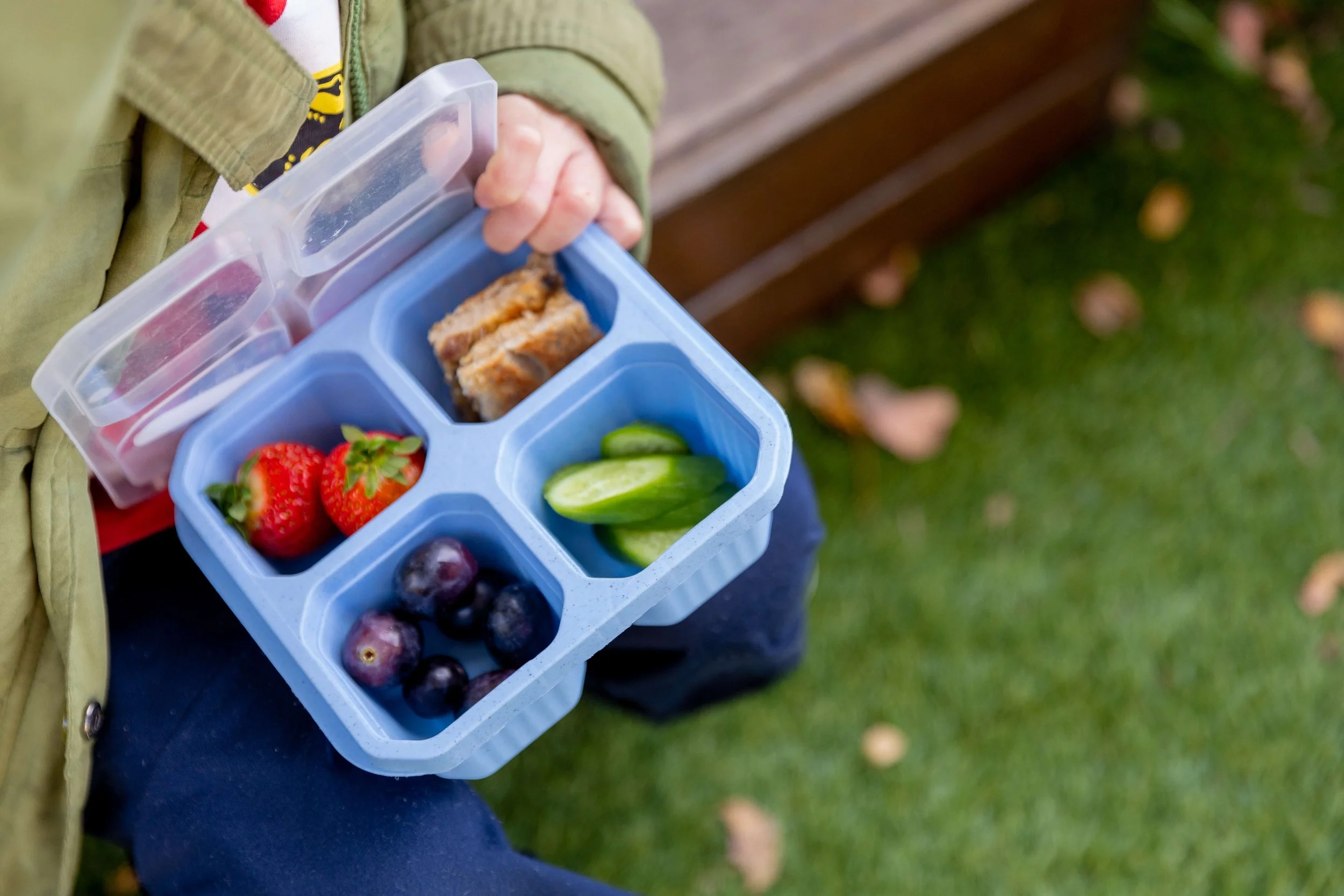 Child holding a blue divided lunchbox with strawberries, blueberries, cucumber slices, and a piece of crumb cake, outdoors on green grass with a picnic table in the background.