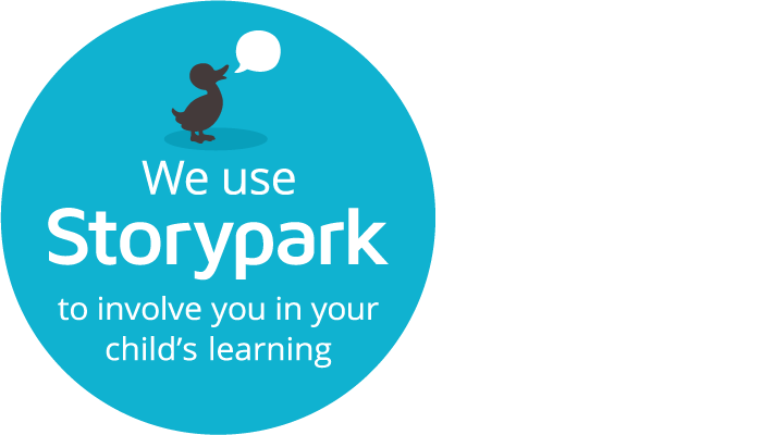 Blue circular badge with a cartoon duck blowing a bubble. Text reads: 'We use Storypark to involve you in your child's learning.'