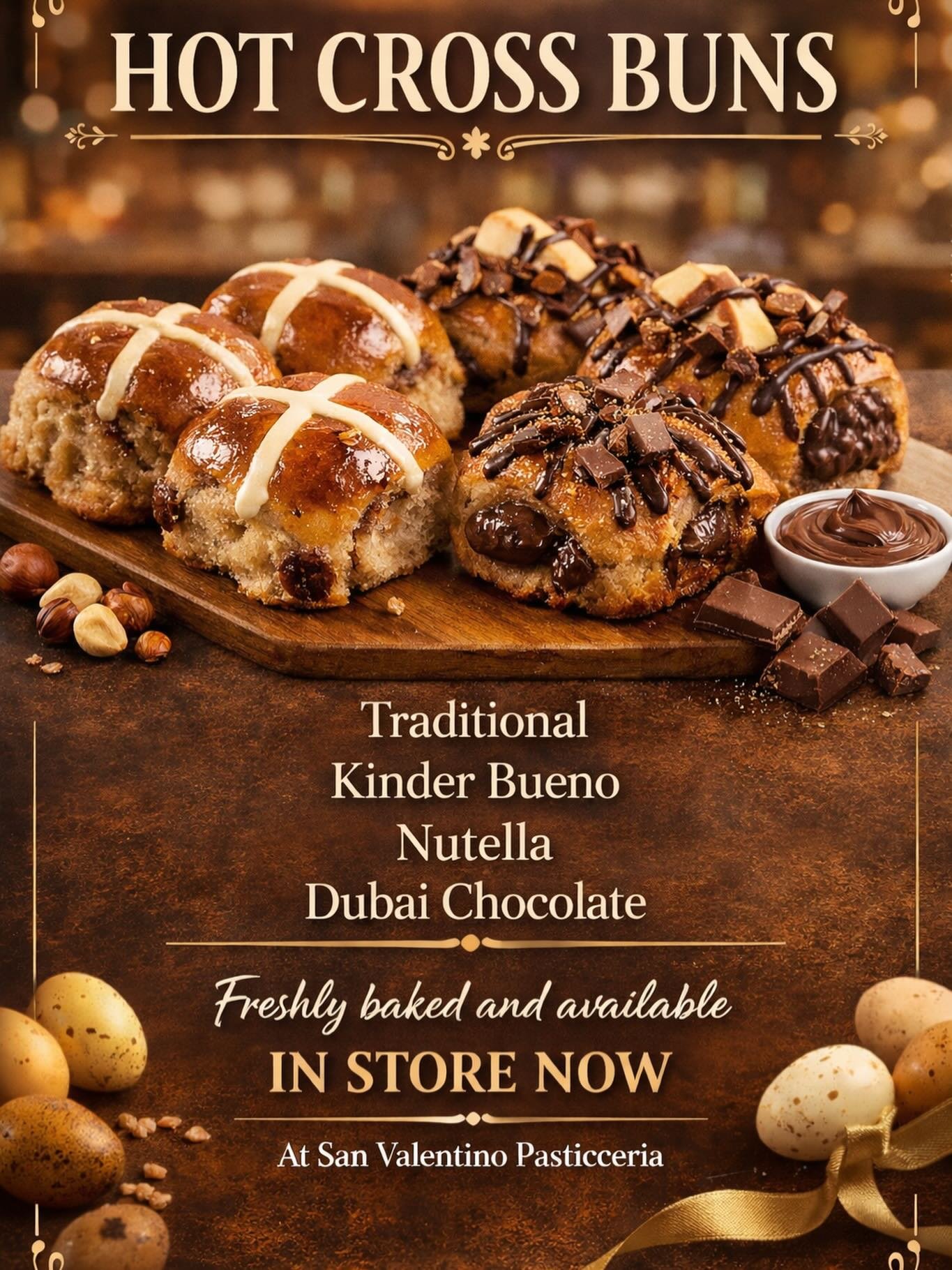 Freshly baked and full of flavour, our hot cross buns are available in delicious varieties:

-Traditional 
-Kinder Bueno 
-Nutella 
-Dubai Chocolate 

Perfect for sharing&hellip; or keeping all to yourself! 🤭

Availabe in Haberfield , Kogarah &amp; 