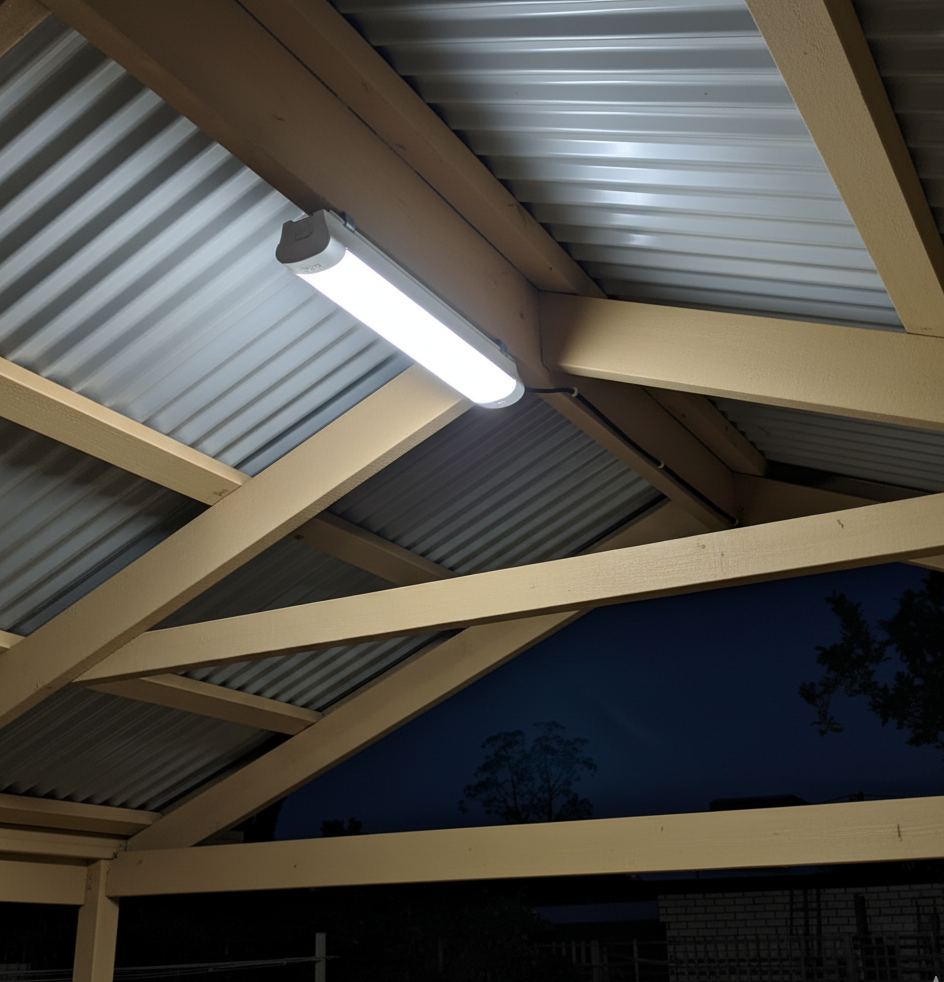 Interior view of a roof with metal panels and wooden beams, illuminated by a fluorescent light fixture, during dusk or nighttime.