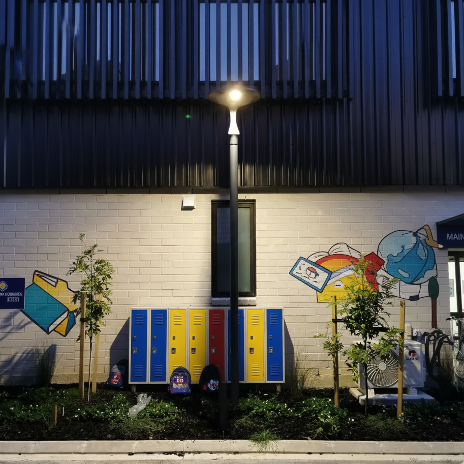 Exterior wall with colorful lockers, small trees, murals of school supplies and weather or planets, and bicycles parked near the main entrance.
