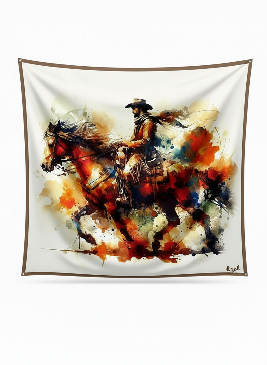 Watercolor painting of a cowboy riding a horse, with splashes of orange, red, blue, and black ink, signed by the artist "Ozel."
