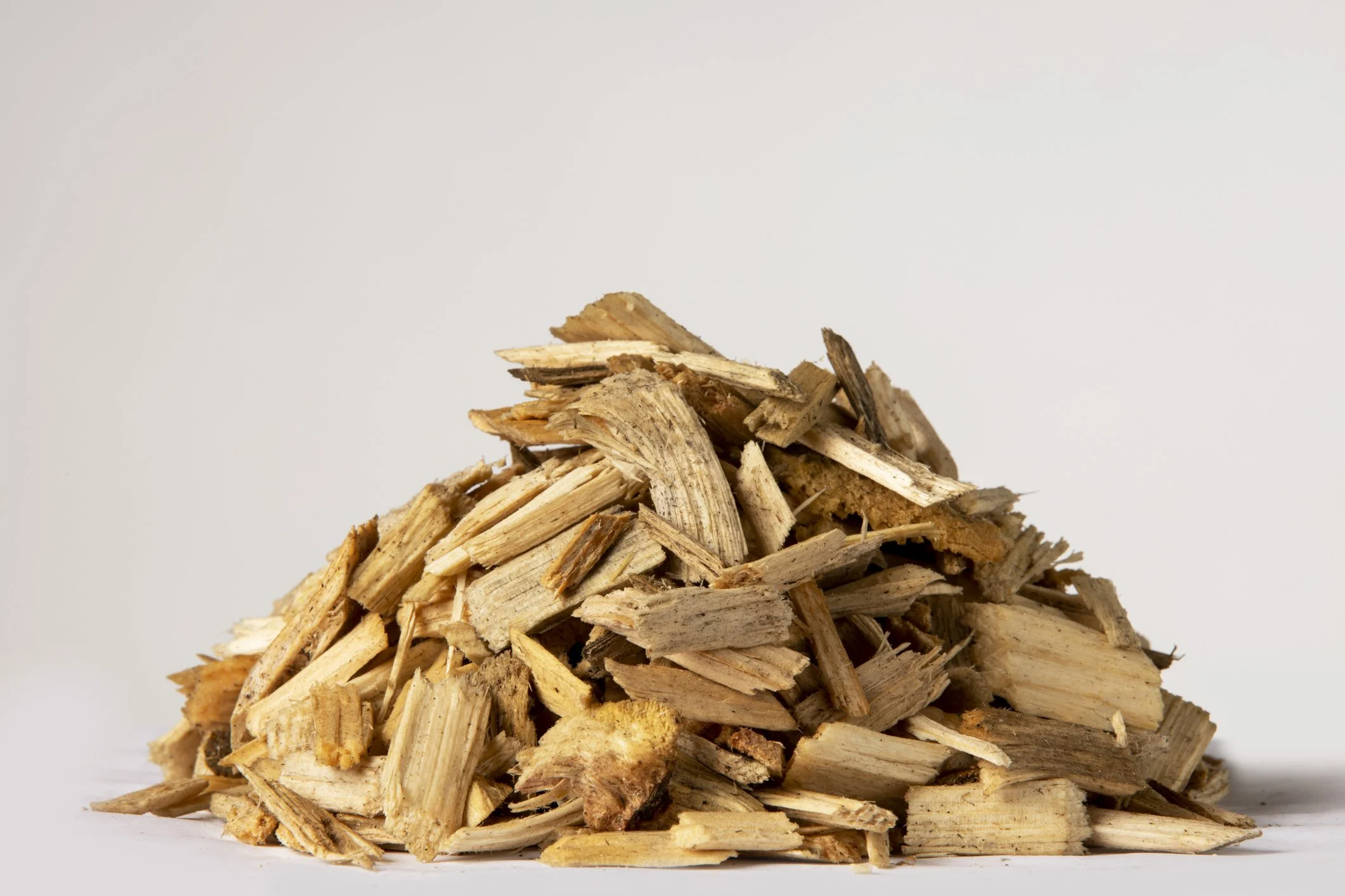 Pile of wood chips or bark on a plain white background.