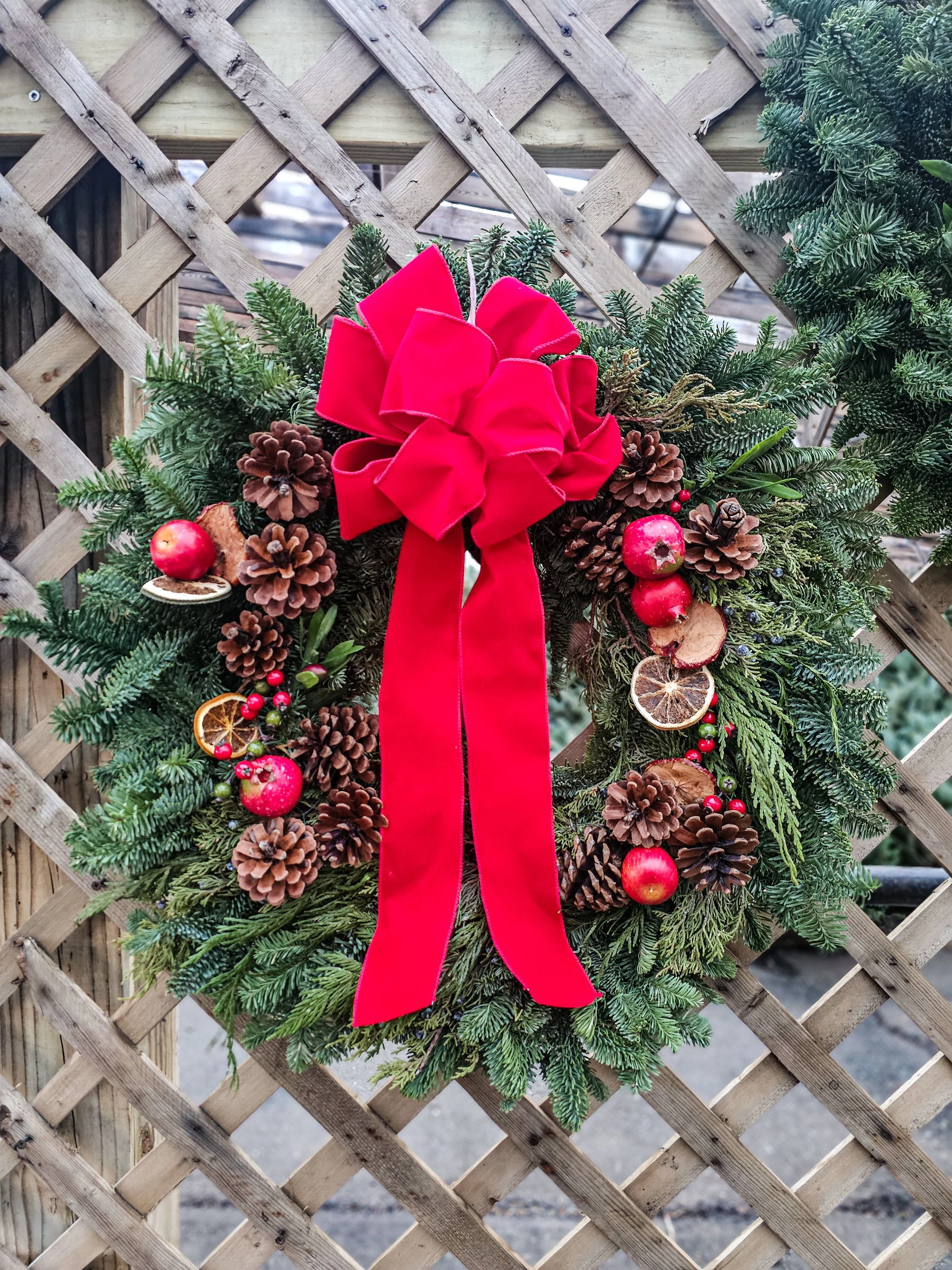 A Christmas wreath decorated with pinecones, red apples, dried citrus slices, berries, and greenery, topped with a large red ribbon bow, hanging on a wooden lattice.