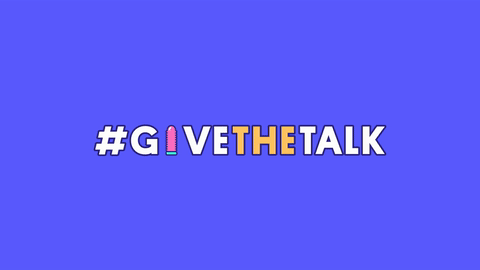 Text that reads '#GIVETHE TALK' with a hashtag and a pink and blue striped pencil replacing the letter 'I' on a blue background.