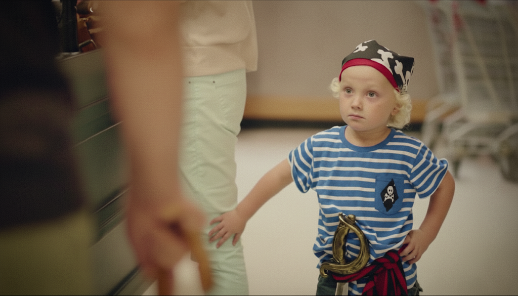 A young child with curly blonde hair wearing a pirate costume, including a striped blue and white shirt, pirate hat, and toy sword, looks at an adult who is partially visible and holding a wooden object.