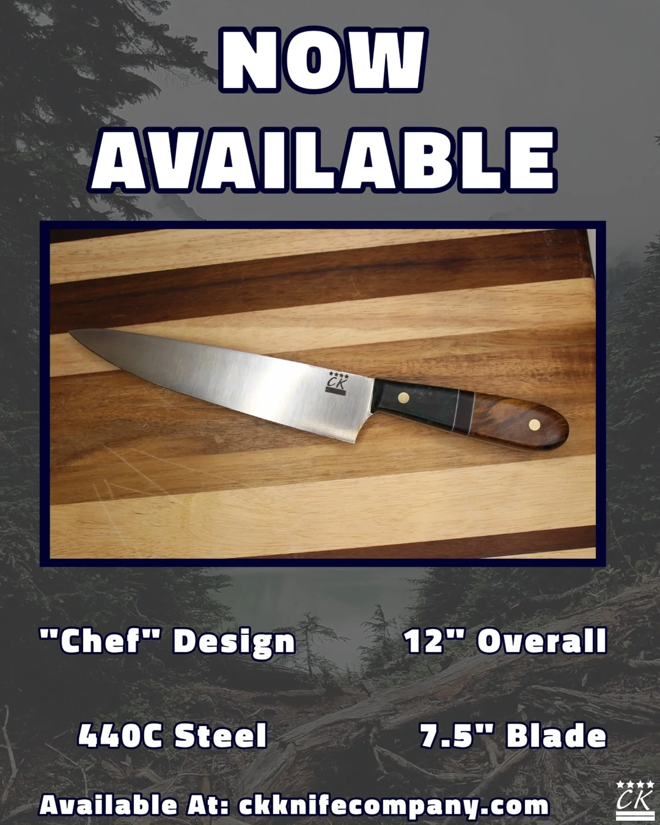 Our Biggest Kitchen Blade, The &ldquo;Chef&rdquo; Has A 7.5&rdquo; Blade, And Is 12&rdquo; Overall. This One Features Segmented Wood Handles And Brass Pins.

Available Now On Our Website, 
CKKNIFECOMPANY.COM

#CKKnifeCompany #customknives #usa🇺🇸 #h