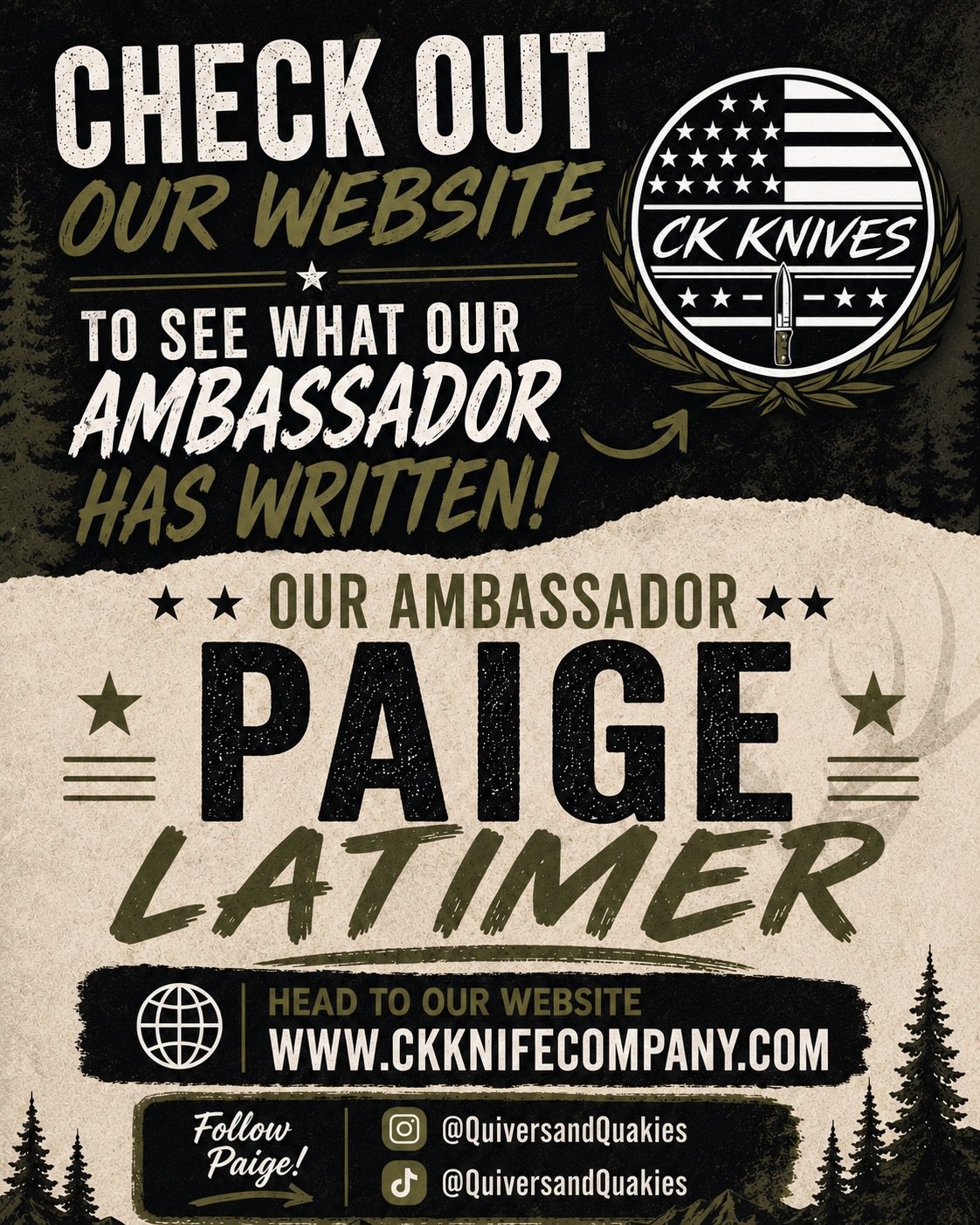 🔥 New Ambassador Article Live! 🔥

Our ambassador Paige Latimer just dropped a new article on the CK Knife Company blog, sharing a hunting story and one piece of gear she never heads into the backcountry without.

Head over to www.ckknifecompany.com