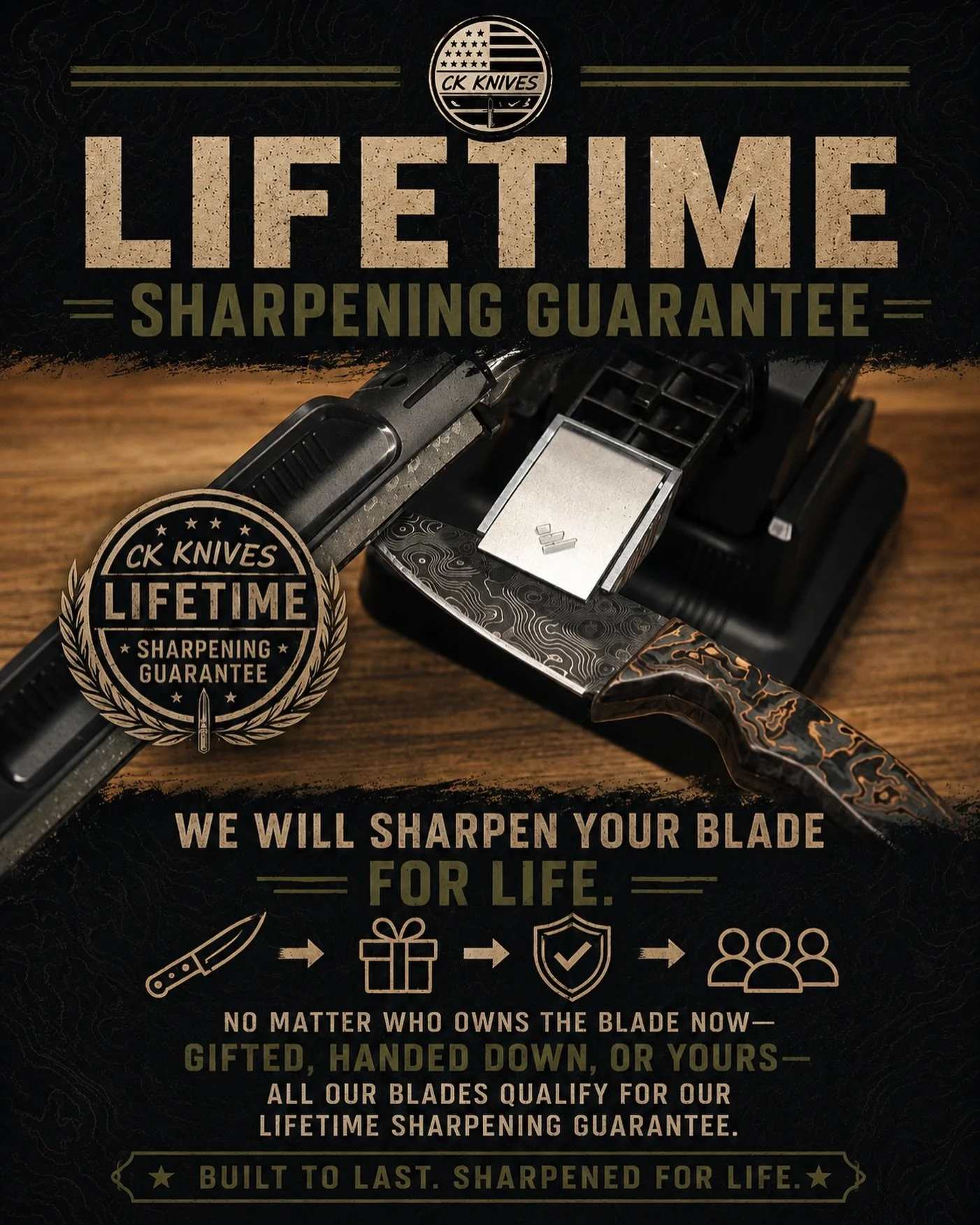 Every CK Knife Comes With A Lifetime Sharpening Guarantee.

Whether You Bought It, Received It As A Gift, Or It Was Handed Down To You Years Later It Still Qualifies.

A Good Knife Should Last Generations. When The Edge Needs Attention, We&rsquo;ll B