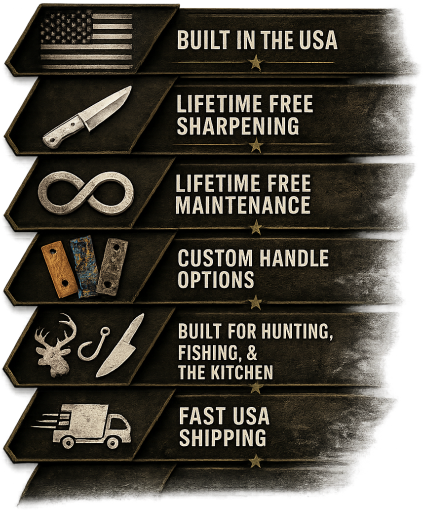 A rustic wooden sign featuring American-themed symbols and text highlighting the features of a product. The signs include icons of the American flag, a knife, an infinity symbol, various handle options, hunting and fishing symbols, and a delivery truck, with accompanying text: 'Built in the USA,' 'Lifetime free sharpening,' 'Lifetime free maintenance,' 'Custom handle options,' 'Built for hunting, fishing, & the kitchen,' and 'Fast USA shipping.'