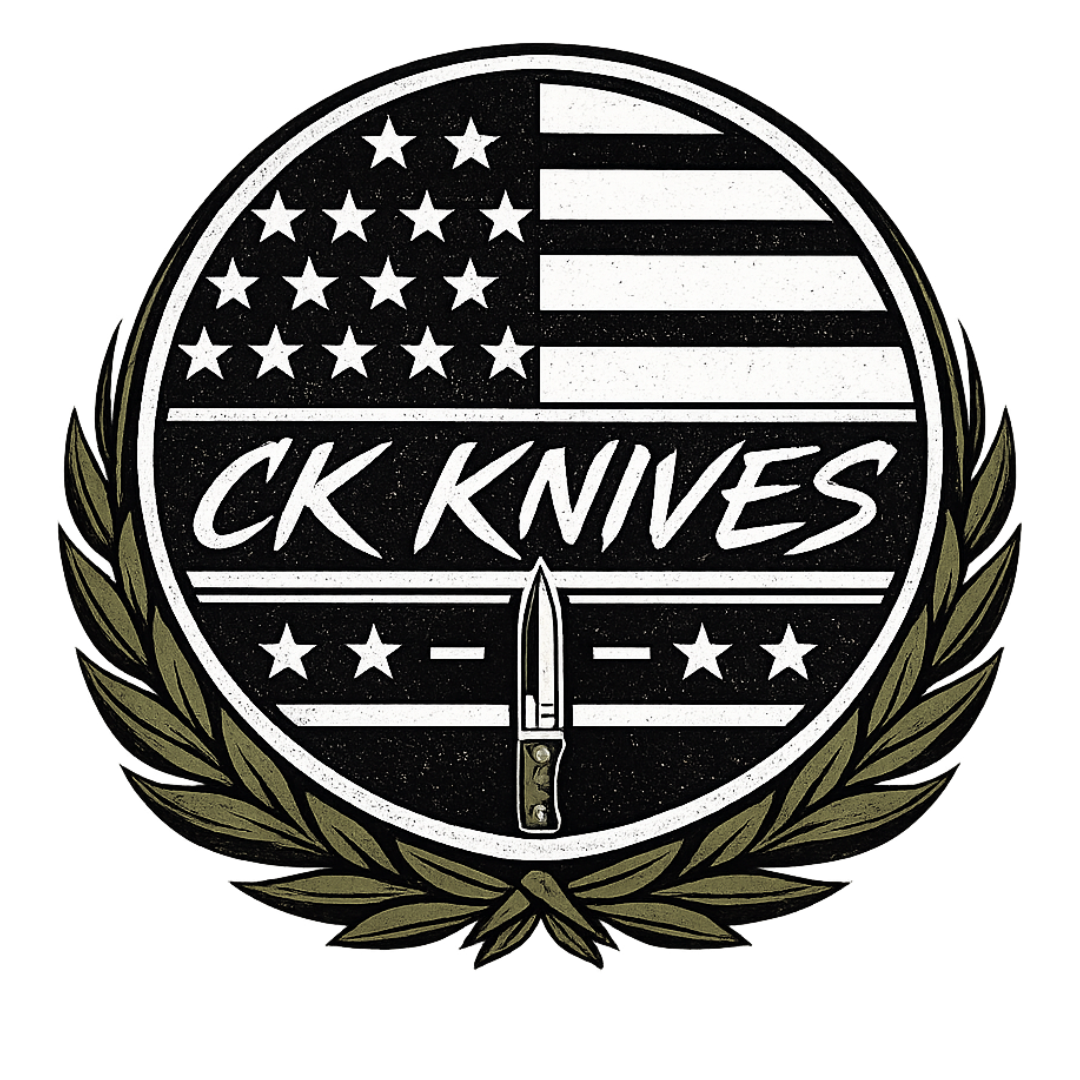 A circular emblem with an American flag background, the words 'CK KNIVES' in the center, a knife illustration below the text, and a wreath border surrounding the emblem.