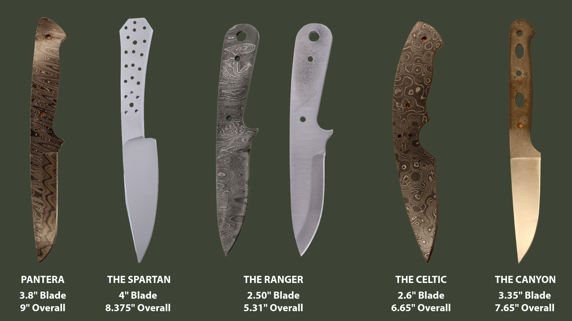 Comparison chart of six fillet knives with different blade styles and sizes. The knives are labeled from left to right: Pantera, The Spartan, The Ranger, The Celtic, The Canyon.