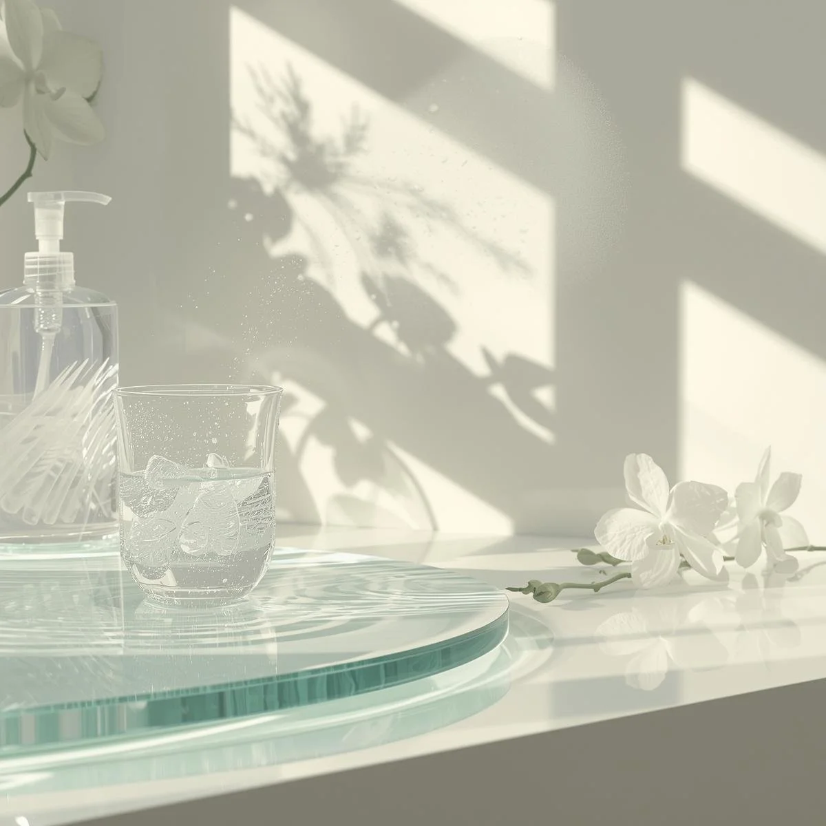 A clear glass of water with ice cubes on a reflective glass surface, next to a flower and a soap dispenser, with shadows of flowers on the wall in the background.