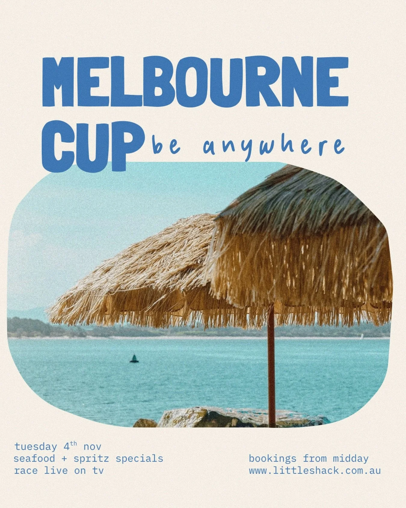 Cup Day @ Little Shack 🏝️

skip the pub crowd &amp; come chill by the water | 

+ race live on the tv 
+ seafood share plates
+ spritz specials all arvo 
+ bookings from 12pm 

www.littleshack.com.au
#littleshackportmac
