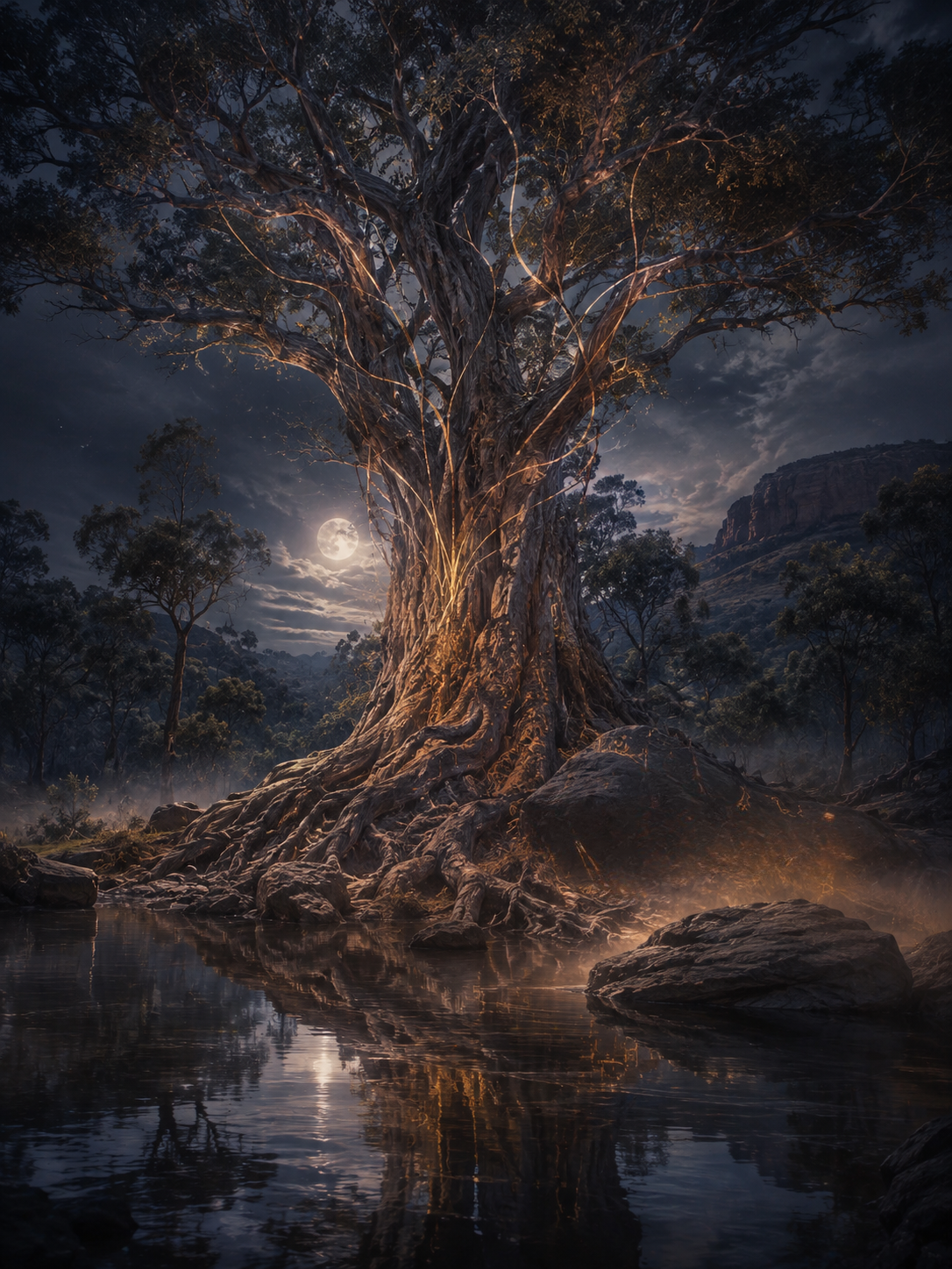 A large, ancient tree illuminated by moonlight beside a reflective water body in a nighttime forest scene.