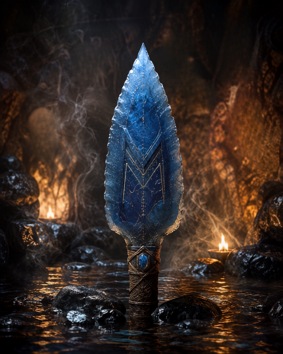 A large, ornate blue spear with gold accents stands upright in a rocky, misty cave with a small fire burning on the rocks behind it.