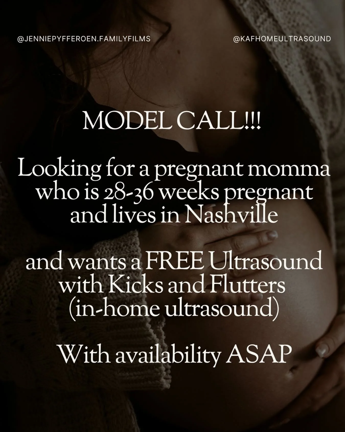 I am so excited to collaborate with @kafhomeultrasound and @jenniepyfferoen.familyfilms to do a little shoot for her😌 but we need a model in Nashville who wants a free ultrasound and some photos of their visit getting their ultrasound done🤍🤍 comme