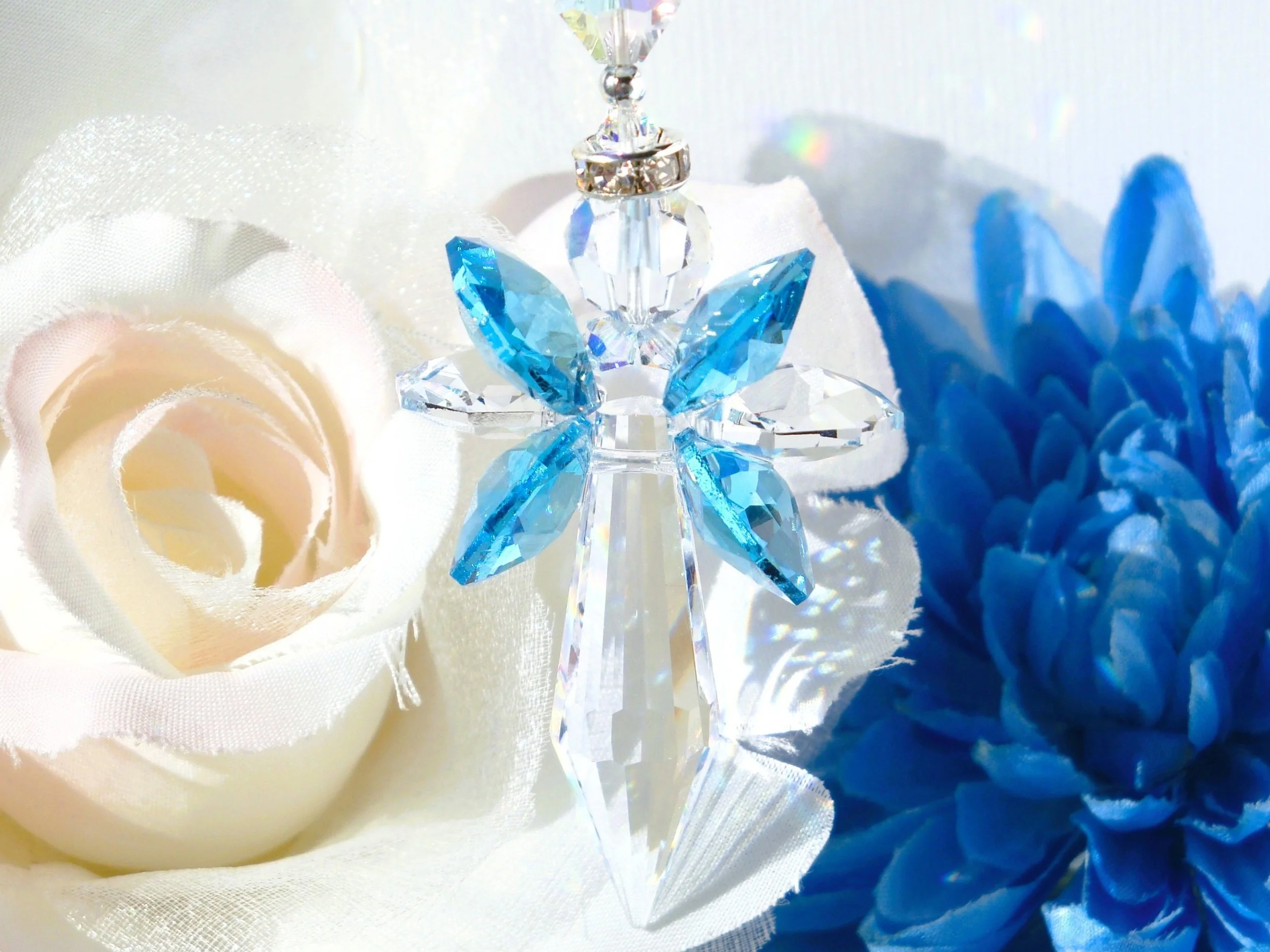 Crystal Angel Rear View Mirror Charm created with Aqua Blue and Clear Swarovski and Asfour Egyptian Crystals. Available in different colors. Angel Memorial Gift for a loved one or friend and a Guardian Angel symbol for Car Mirror.