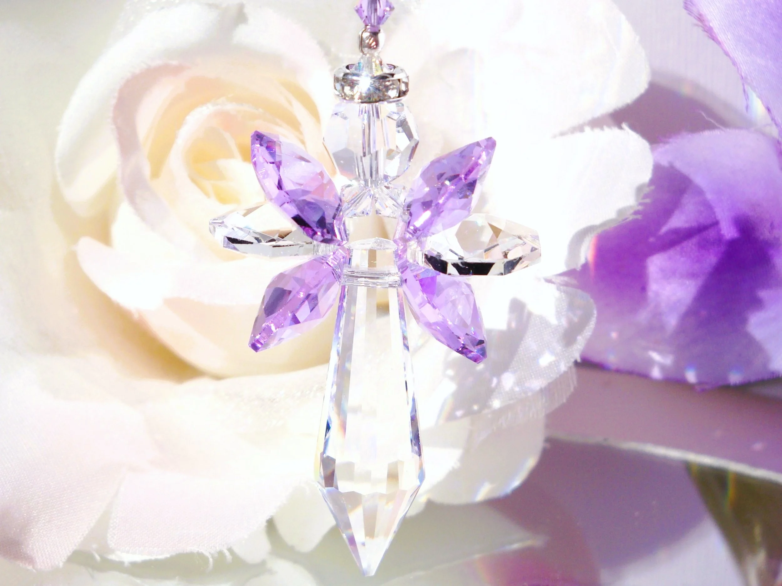 Crystal Angel Rear View Mirror Charm created with Violet Purple and Clear Swarovski and Asfour Egyptian Crystals. Available in different colors. Guardian Angel Suncatcher for Home or Car. Would make a lovely Memorial Gift for loved one or friend.