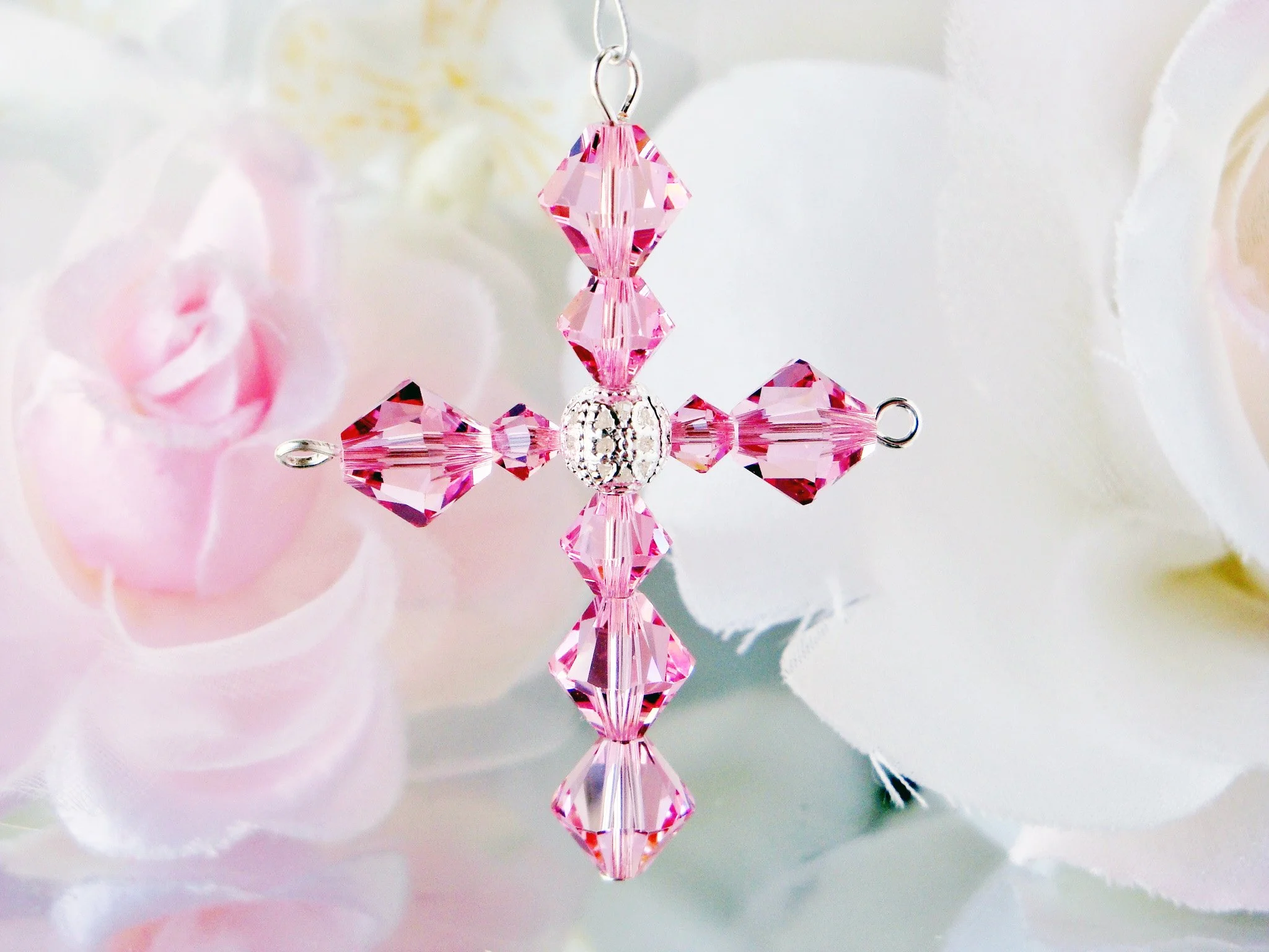 Pink Swarovski Crystal Cross with Angel Rear View Mirror Charm