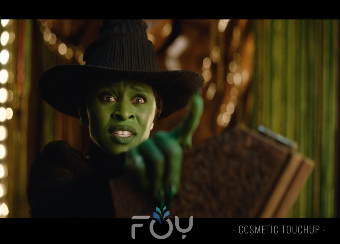 Cinematic after picture with editing on Wicked film scene enhanced with AI cosmetic editing by FOY LLC, featuring professional color grading and digital skin refinement.