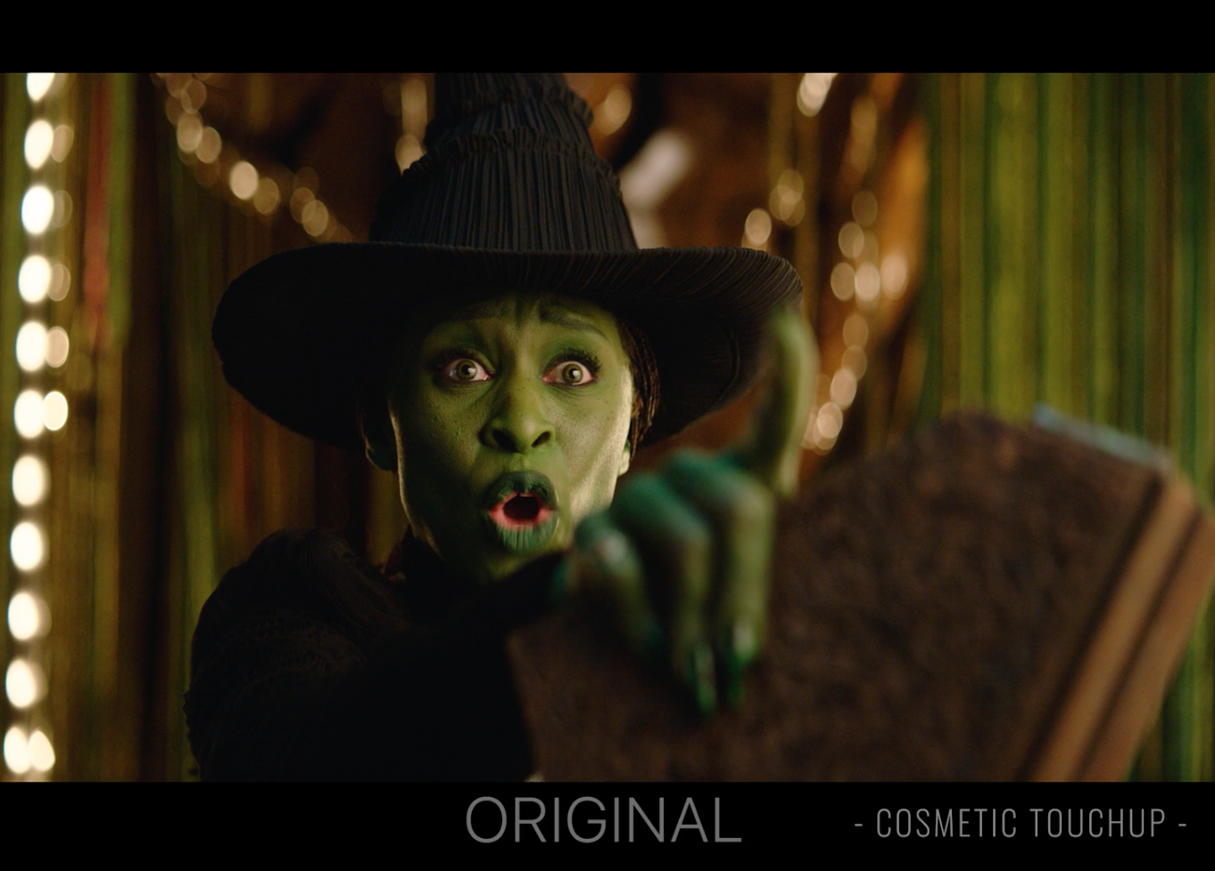 Cinematic original Wicked film scene picture enhanced with AI cosmetic editing by FOY LLC, featuring professional color grading and digital skin refinement.