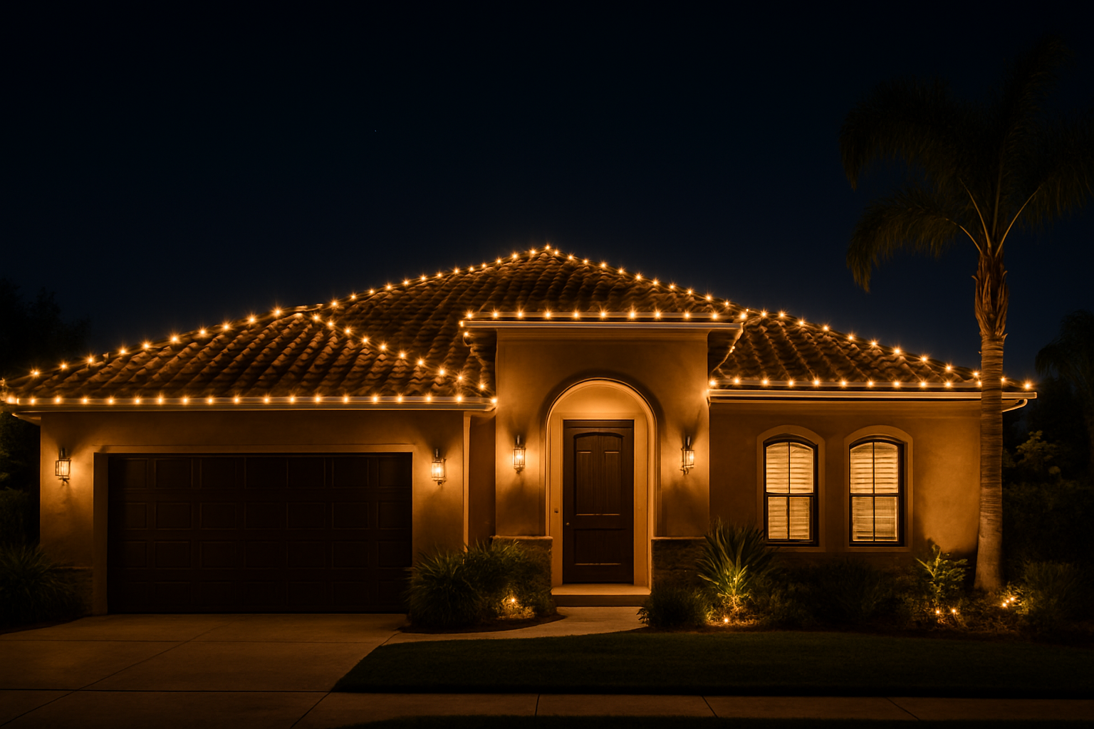 A house at night decorated with string lights on the roof, with illuminated wall sconces beside the front door and windows, a palm tree on the right, shrubs and grass in the front yard.