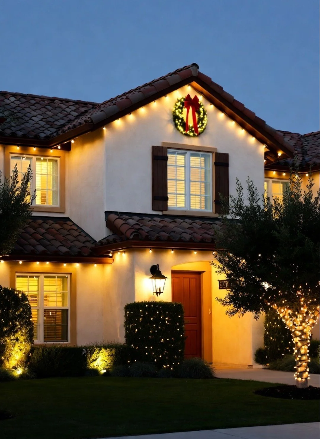 A house decorated for Christmas with holiday lights, a wreath with a red bow on the front gable, and Christmas lights wrapped around trees and bushes outside at dusk.