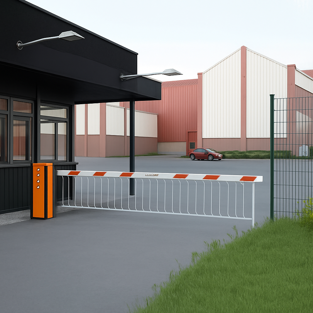 A security gate with an orange and white barrier arm blocking entry, next to a black building with windows, and an industrial warehouse in the background with a small red car parked nearby.