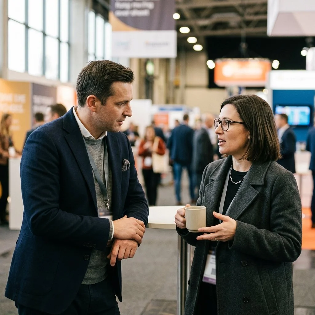 Two professionals speaking at a trade show, reflecting the value of face-to-face business introductions.