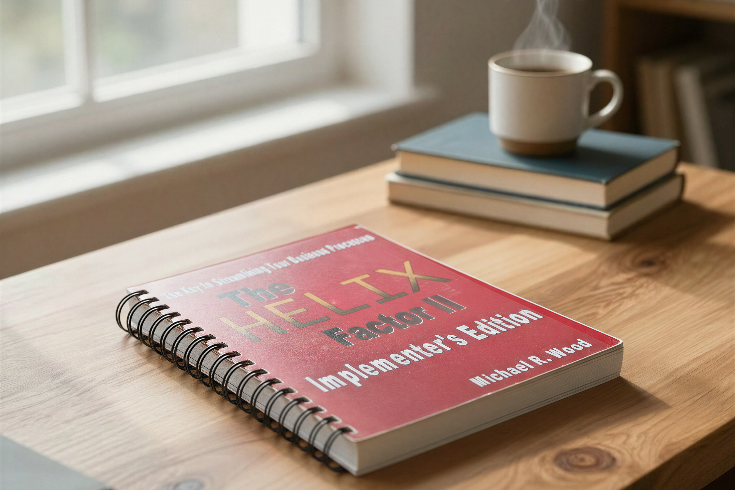 Personal copy of The Helix Factor Implementer’s Edition used as a reference for business process change analysis and value delivery design.