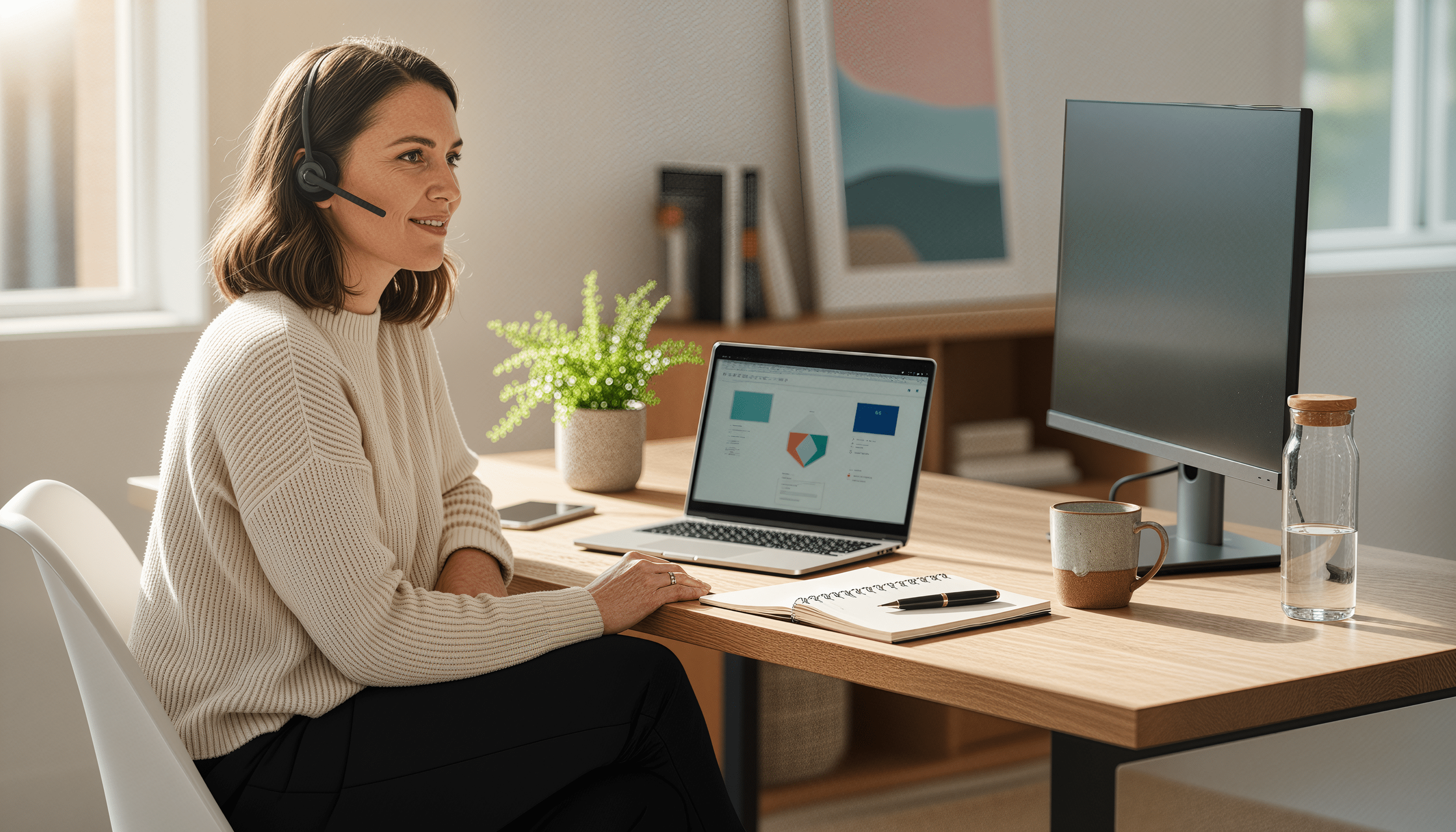 Australian outbound calling specialist conducting customer engagement calls from a calm, professional workspace using a CRM interface.